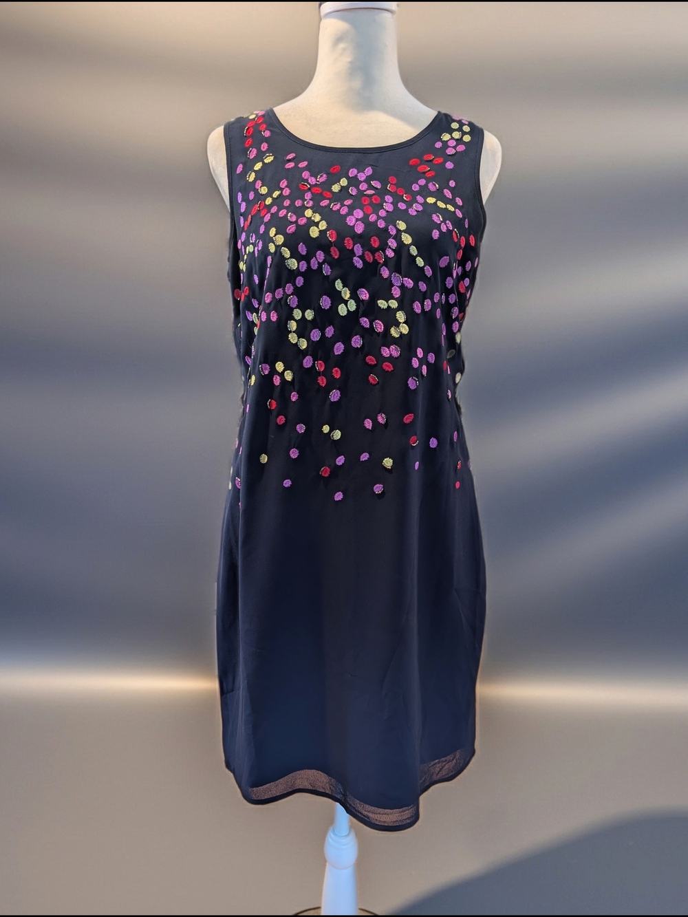 Belle By Badgley Mischka Navy Mini Dress with Pink & Lime Sequin Dots